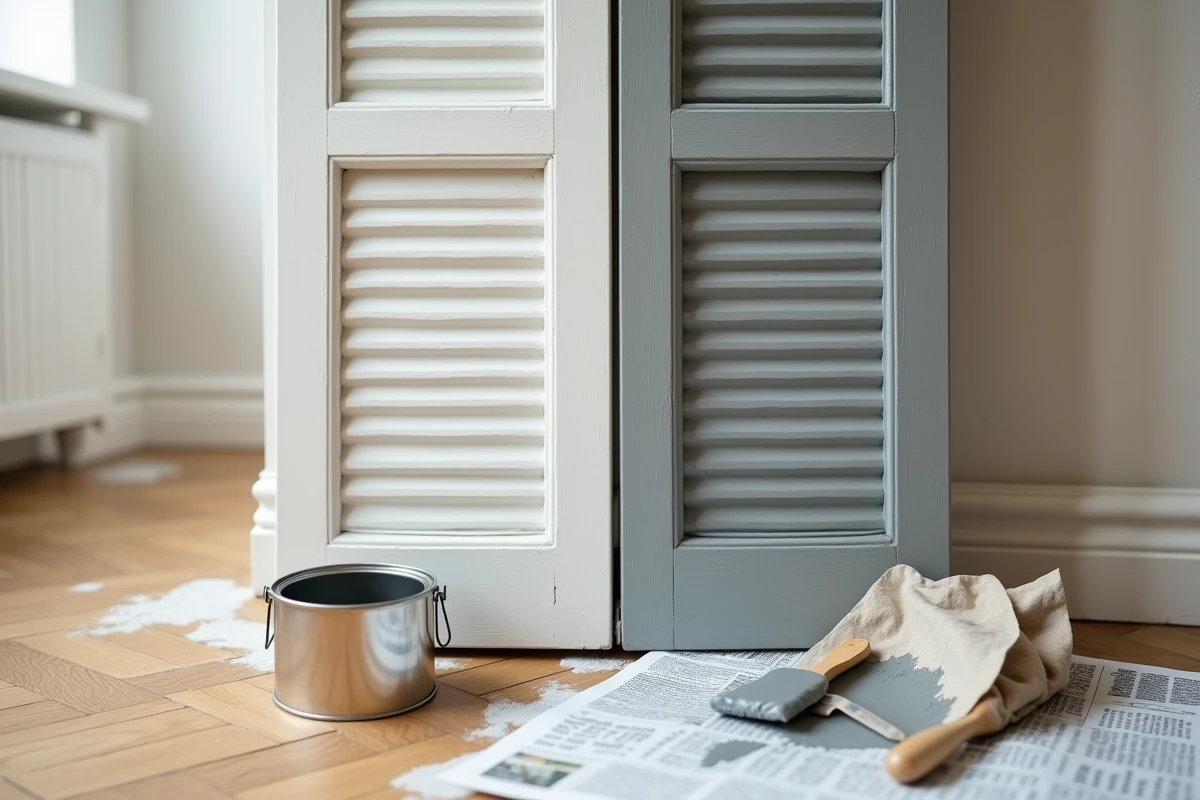 Détail d'un volet en bois peint en gris mat sur ancienne glycéro brillante, comparaison avant après sans ponçage