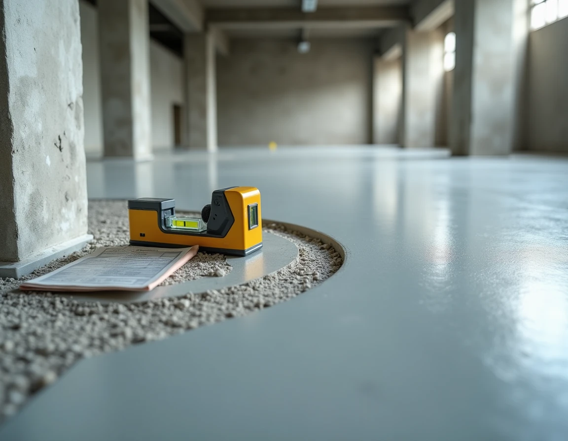 Détail d'une surface de ragréage autonivelant lisse avec niveau à bulle et humidimètre sur un grand sol industriel en rénovation