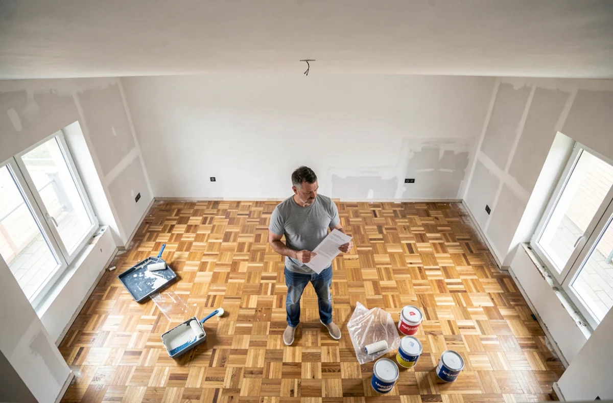 Propriétaire examinant un devis de peinture dans une pièce de 50m2 en cours de rénovation avec plafond fraîchement peint et matériel de peinture au sol