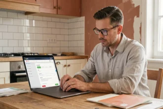 Homme remplissant un formulaire de devis travaux en ligne sur son ordinateur portable dans une cuisine en cours de rénovation