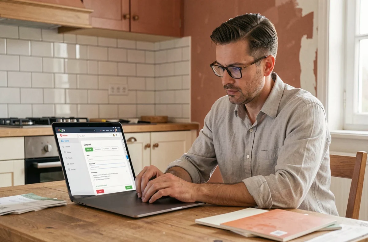 Homme remplissant un formulaire de devis travaux en ligne sur son ordinateur portable dans une cuisine en cours de rénovation