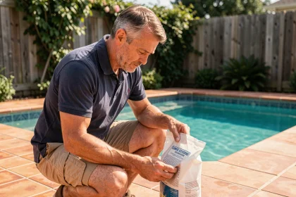 Homme lisant les instructions sur un sac de sel pour piscine avant de doser correctement le traitement