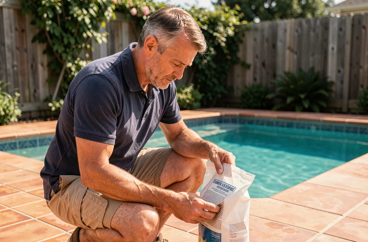 Homme lisant les instructions sur un sac de sel pour piscine avant de doser correctement le traitement