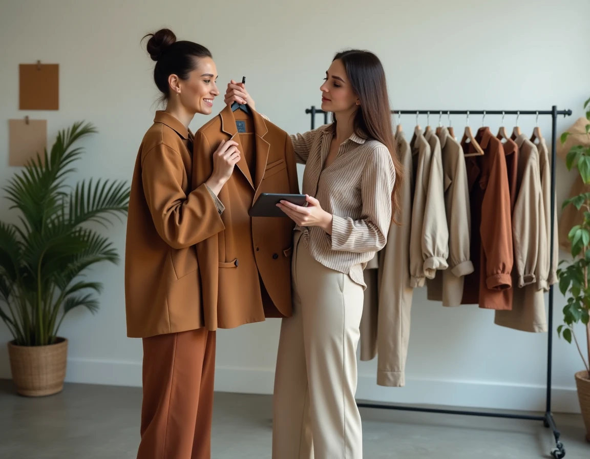 Deux jeunes femmes comparant des vêtements tendance dans un showroom de mode contemporain avec moodboards et portants de vêtements
