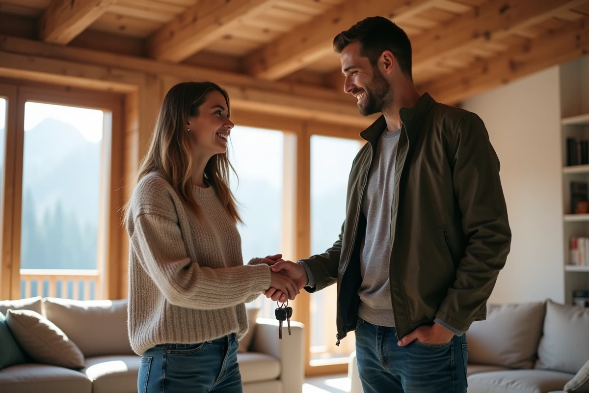 Jeune femme recevant des clés dans un chalet en bois lumineux