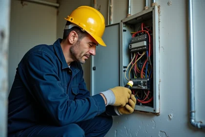 Électricien inspectant un tableau électrique avec câblage en araignée dans un appartement ancien