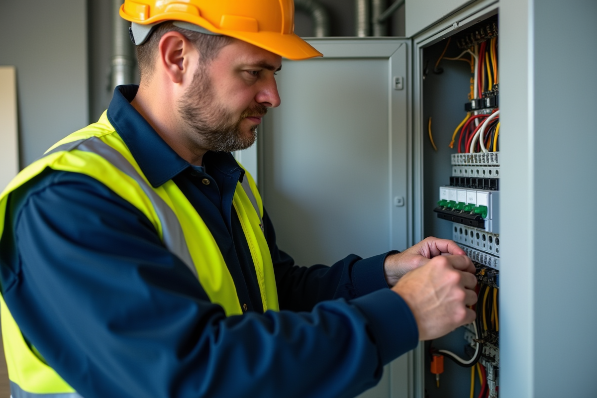 Électricien middleaged en tenue de travail installant un disjoncteur