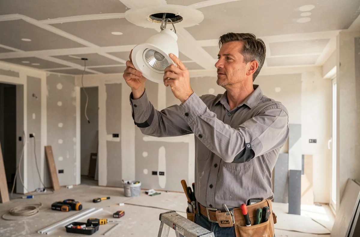 Électricien installant une ampoule GU10 dans un spot encastrable lors de travaux de rénovation d'un salon contemporain