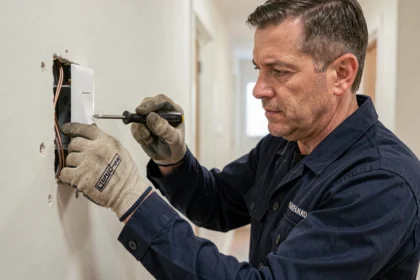 Électricien retirant un interrupteur va et vient classique pour le remplacer par un module Yokis