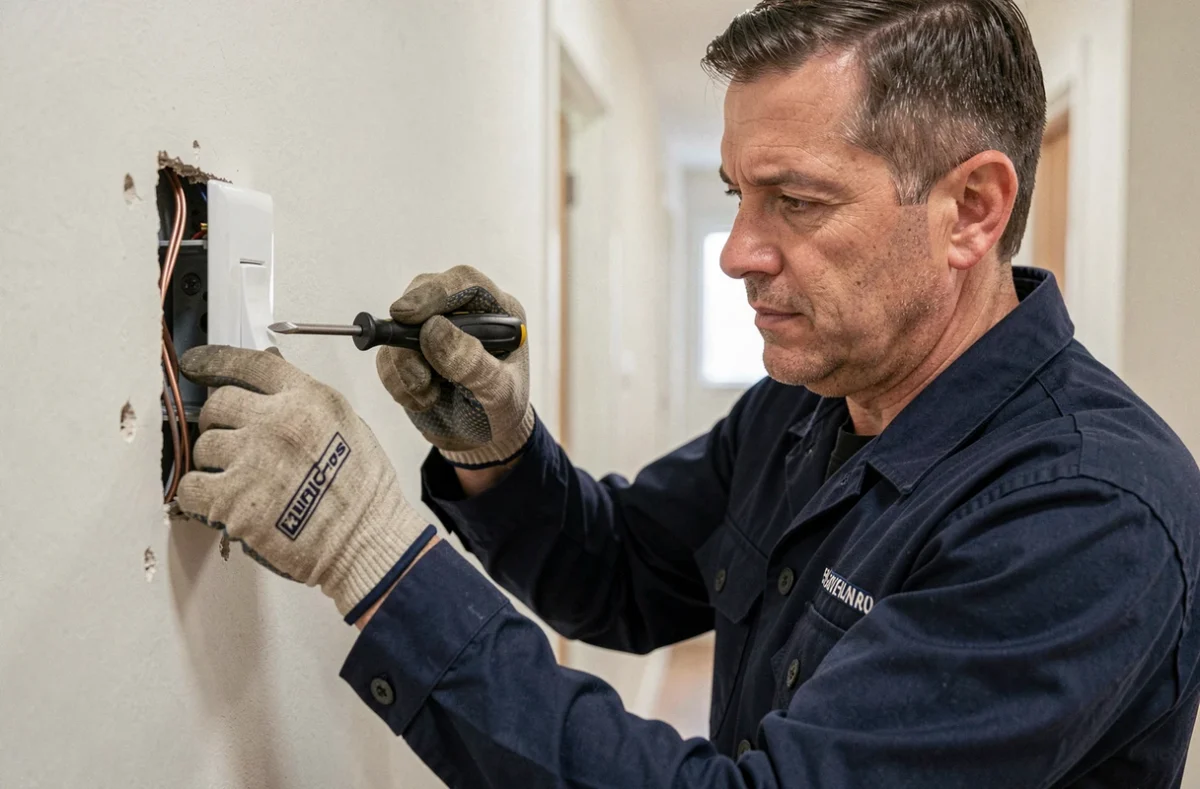 Électricien retirant un interrupteur va et vient classique pour le remplacer par un module Yokis