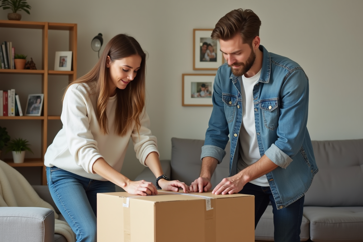 Femme et jeune homme emballant des cartons dans un salon organisé