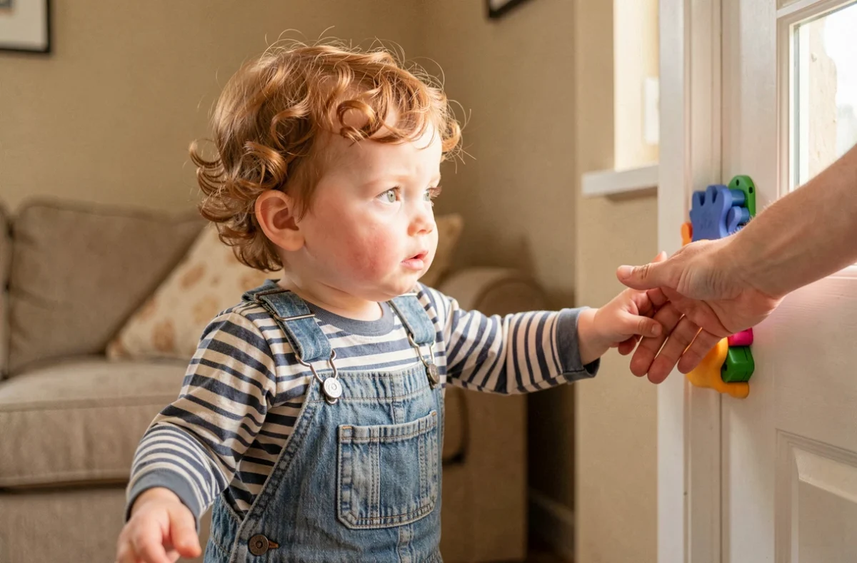 Un tout-petit s'approche d'une porte équipée de protège-doigts colorés en silicone sous la surveillance d'un parent