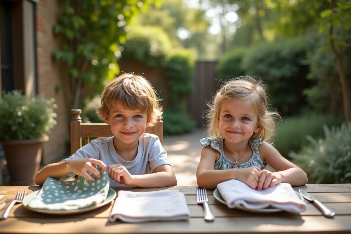 Enfants avec napkin et torchon sur la table extérieure