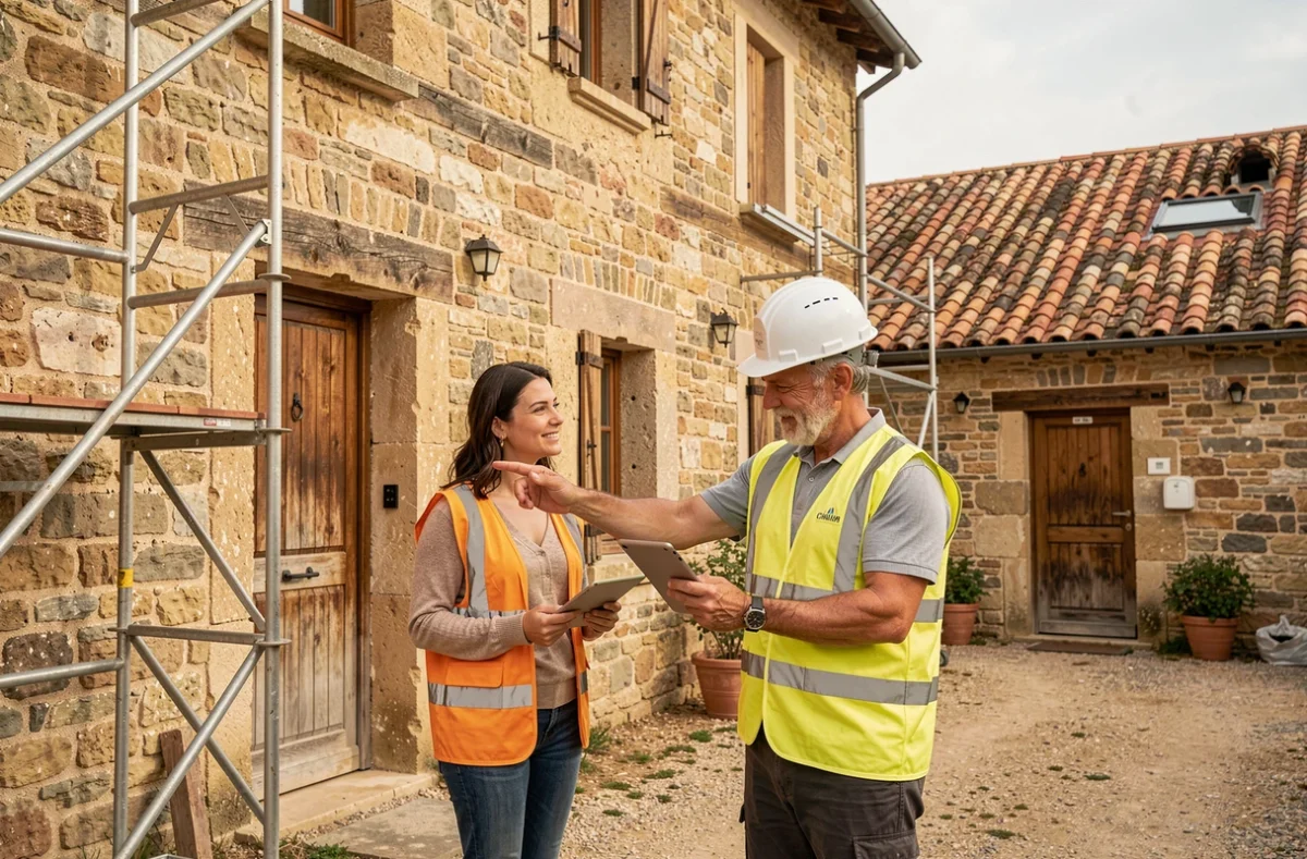 Équipe de rénovation globale devant une maison en pierre en Occitanie avec échafaudage