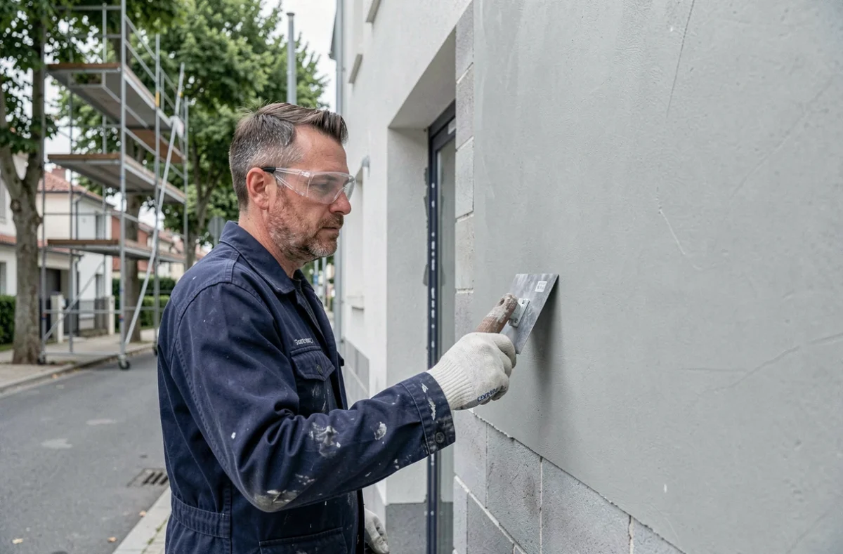Maçon d'Éric Dupuy Maçonnerie en train d'enduire une façade dans la première couronne bordelaise