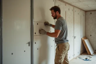 Artisan inspectant un défaut d'alignement sur une plaque de plâtre lors de travaux d'isolation intérieure