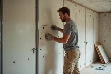 Artisan inspectant un défaut d'alignement sur une plaque de plâtre lors de travaux d'isolation intérieure