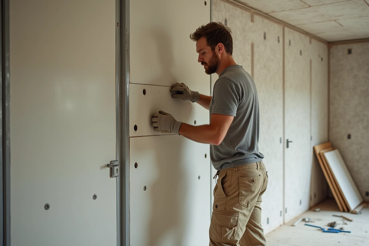 Artisan inspectant un défaut d'alignement sur une plaque de plâtre lors de travaux d'isolation intérieure