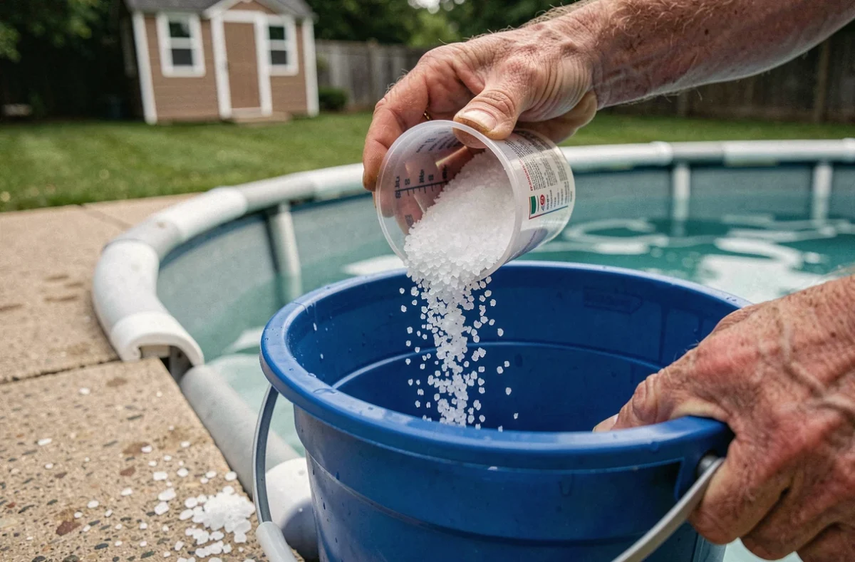Gros plan sur des mains versant une dose précise de sel dans un seau pour traitement de piscine