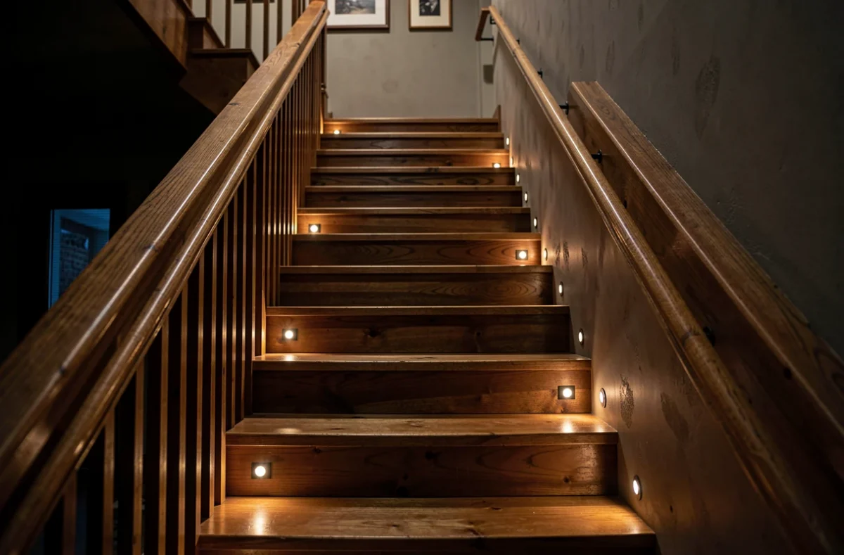 Escalier avec main courante et éclairage de marche