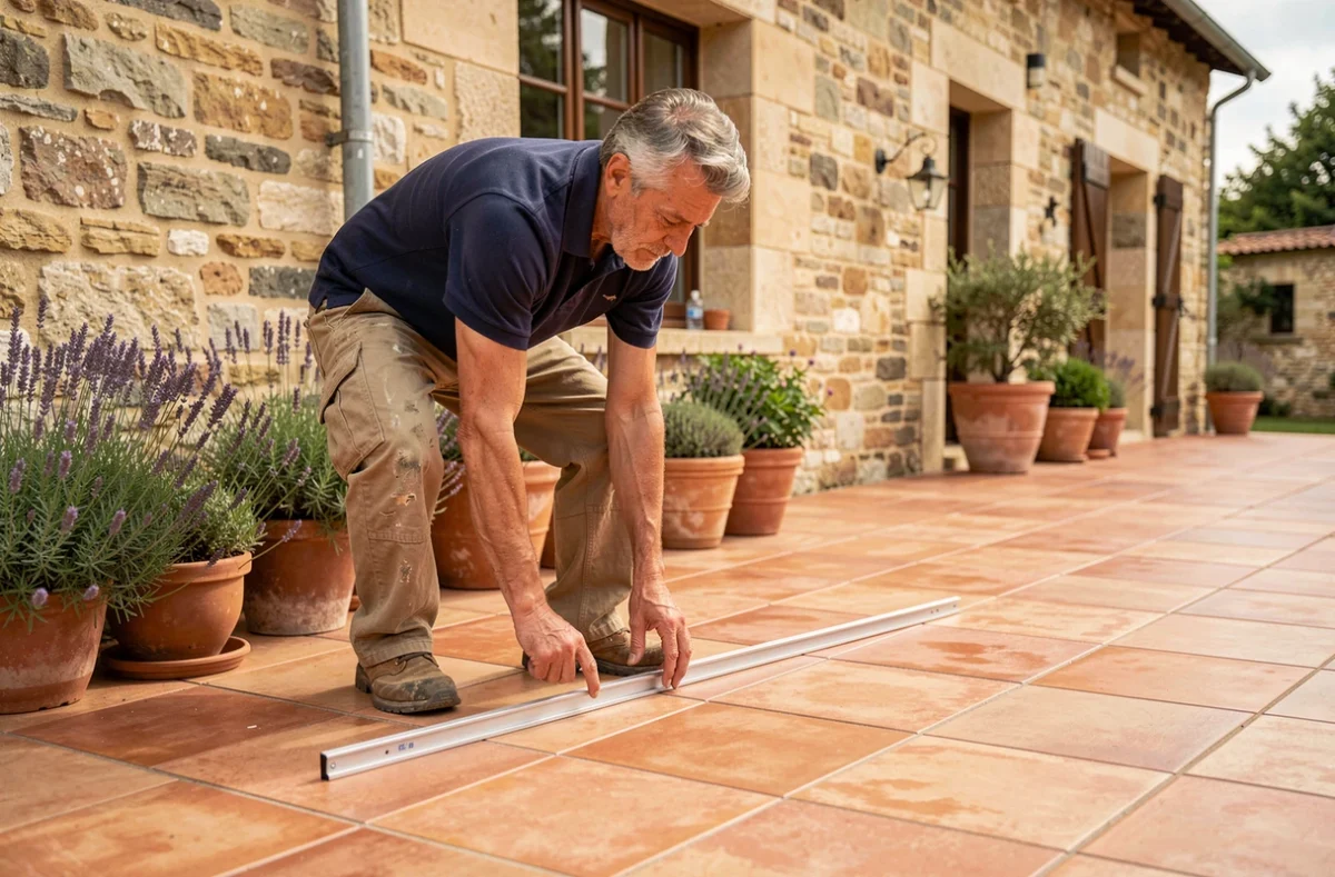 Professionnel d'Ets Tessier Carrelage vérifiant la planéité d'une terrasse en carrelage extérieur posé devant une maison de campagne française