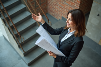 Femme d affaires montrant un escalier intérieur moderne