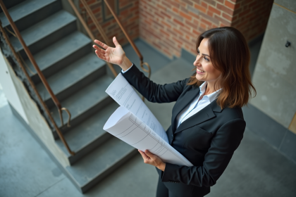 Femme d affaires montrant un escalier intérieur moderne
