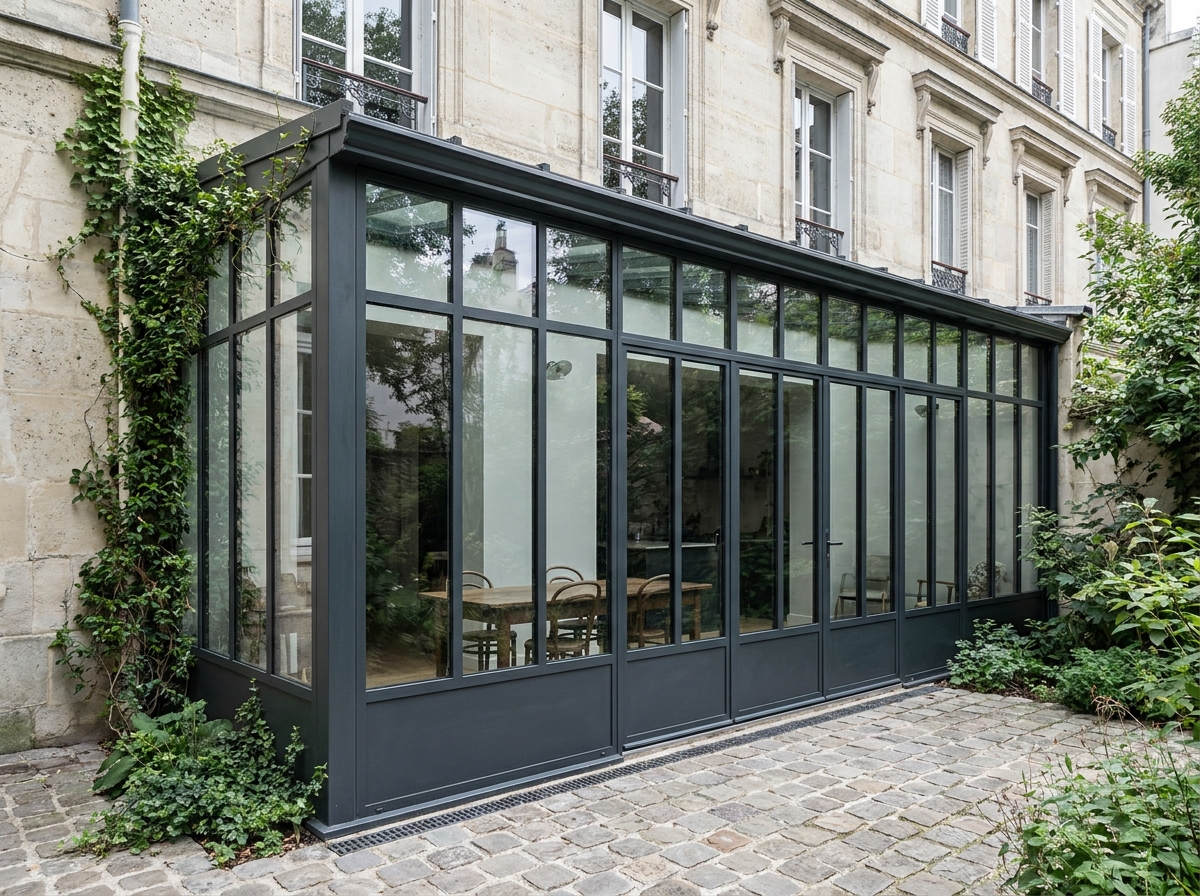 Extension verrière anthracite sur maison de ville française avec façade en pierre et jardin intérieur