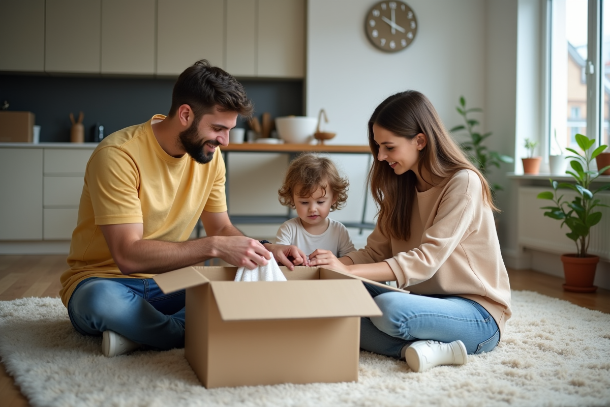 Famille déballant des draps dans un appartement en déménagement