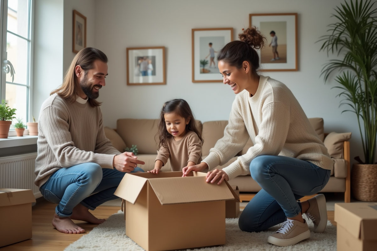 Famille jeune emballant des cartons dans un appartement moderne