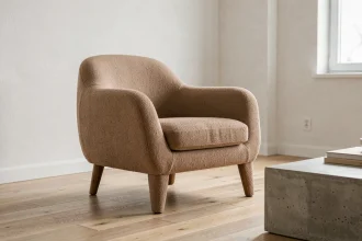 Fauteuil design Made in Design en tissu bouclé taupe dans un salon scandinave moderne