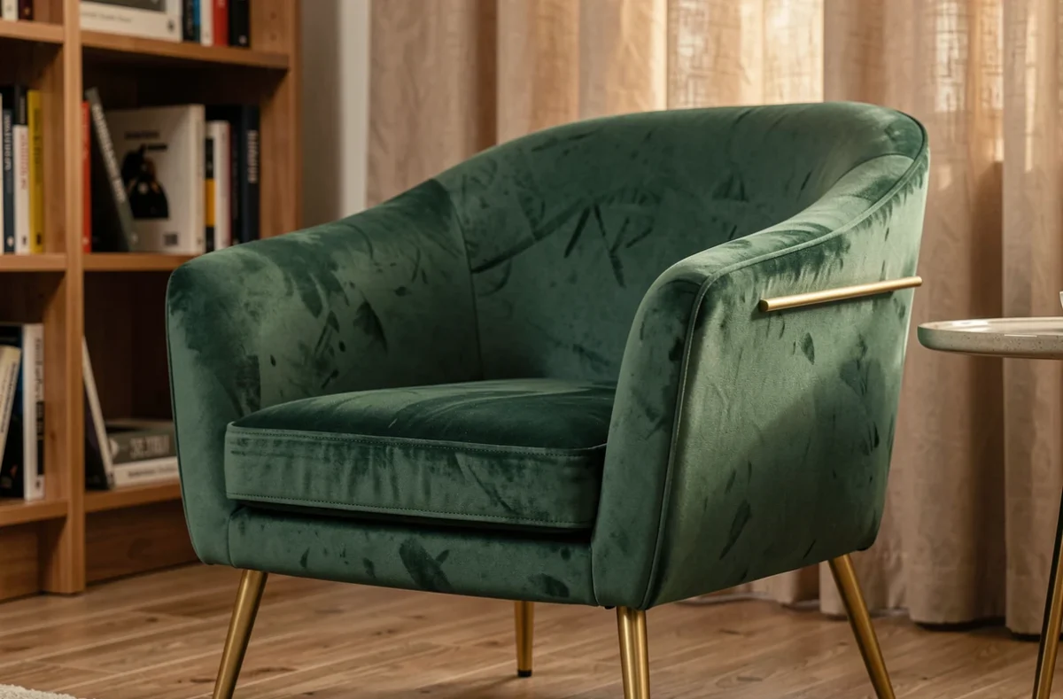 Fauteuil design velours vert forêt avec pieds laiton dans un coin salon cosy