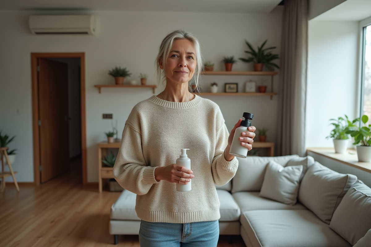 Femme vaporisant un désodorisant dans un salon moderne