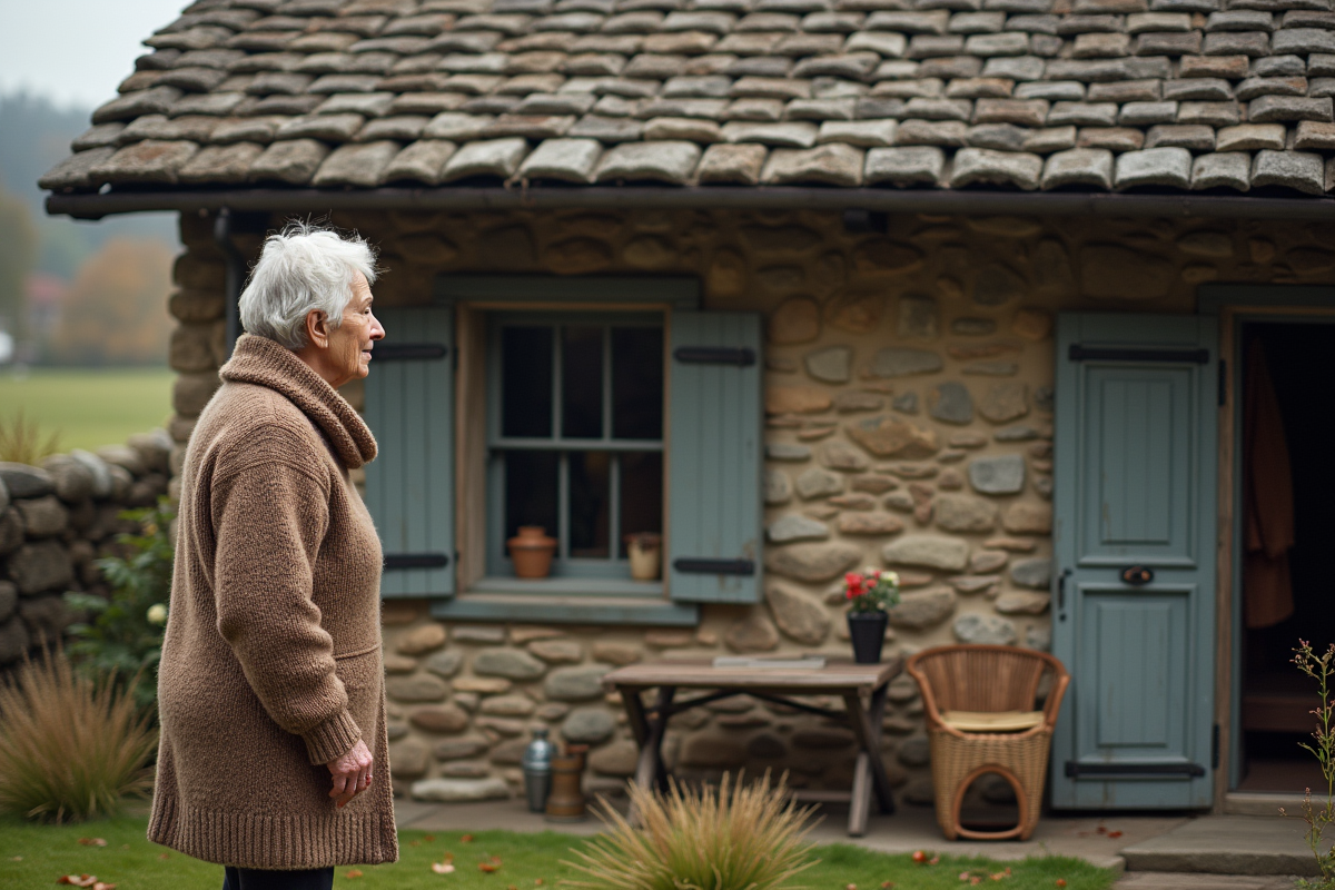 Femme âgée regarde le toit en pierre de sa maison en automne