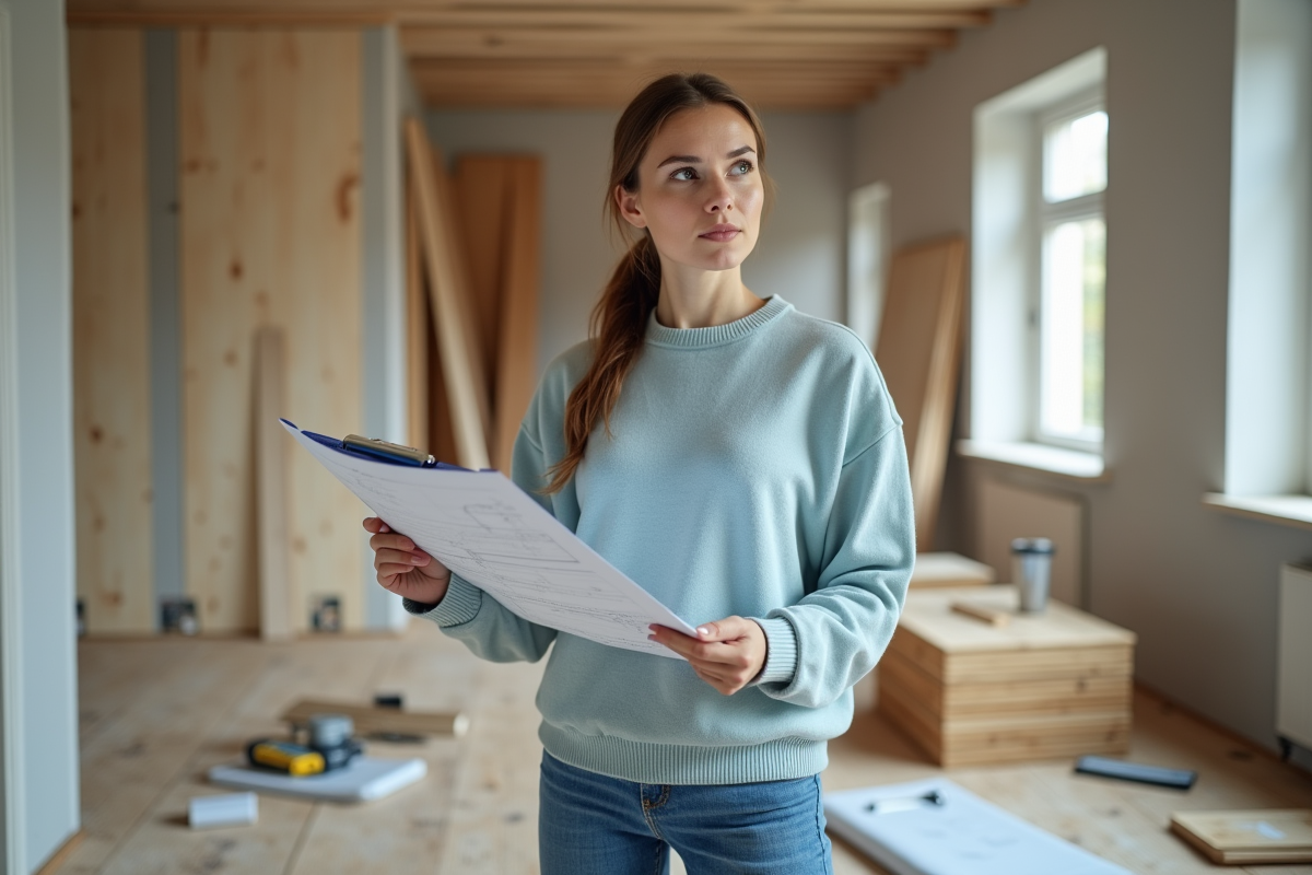 Femme en bleu examinant des plans dans une chambre en rénovation