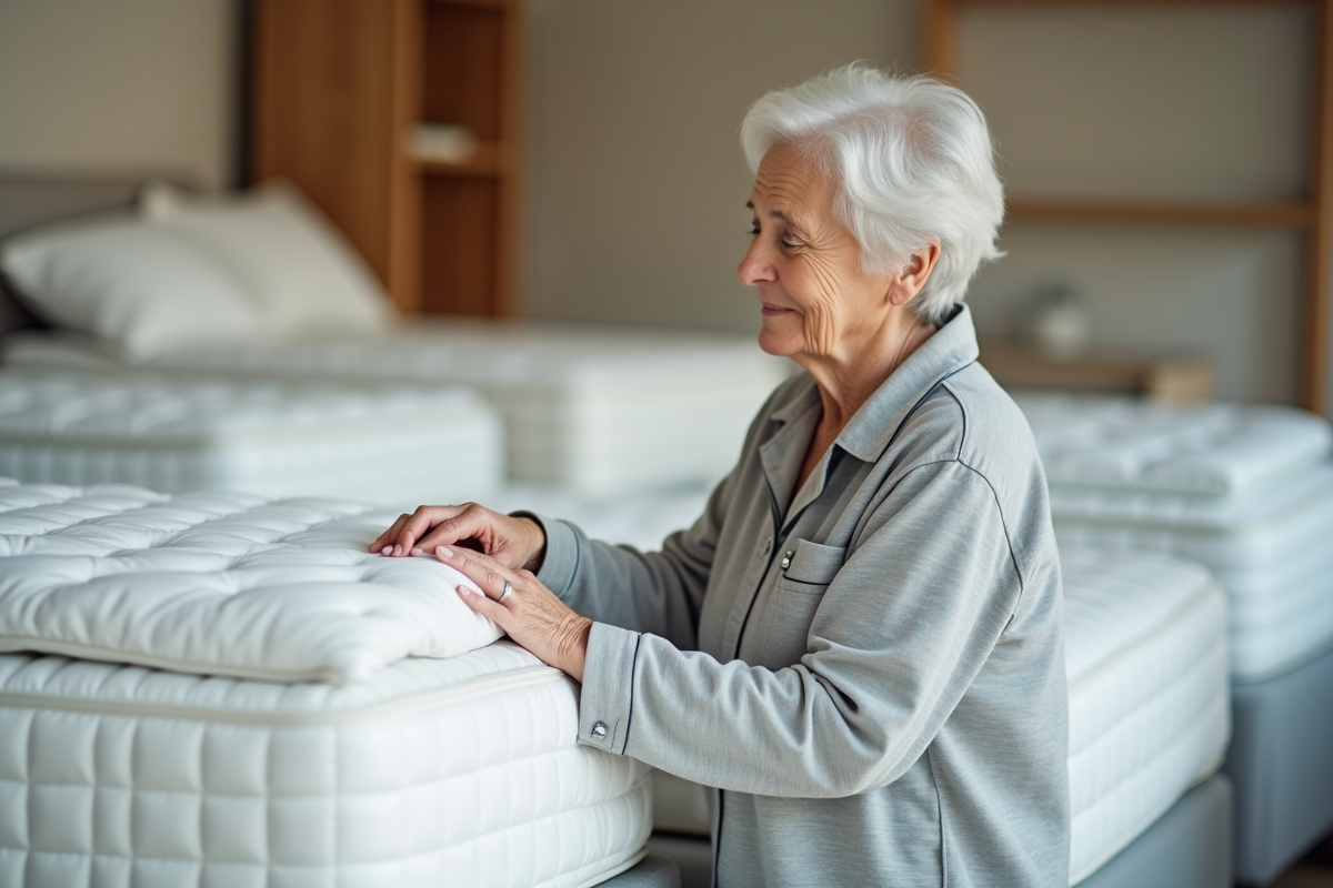 Femme âgée en pyjama examinant un matelas dans un magasin