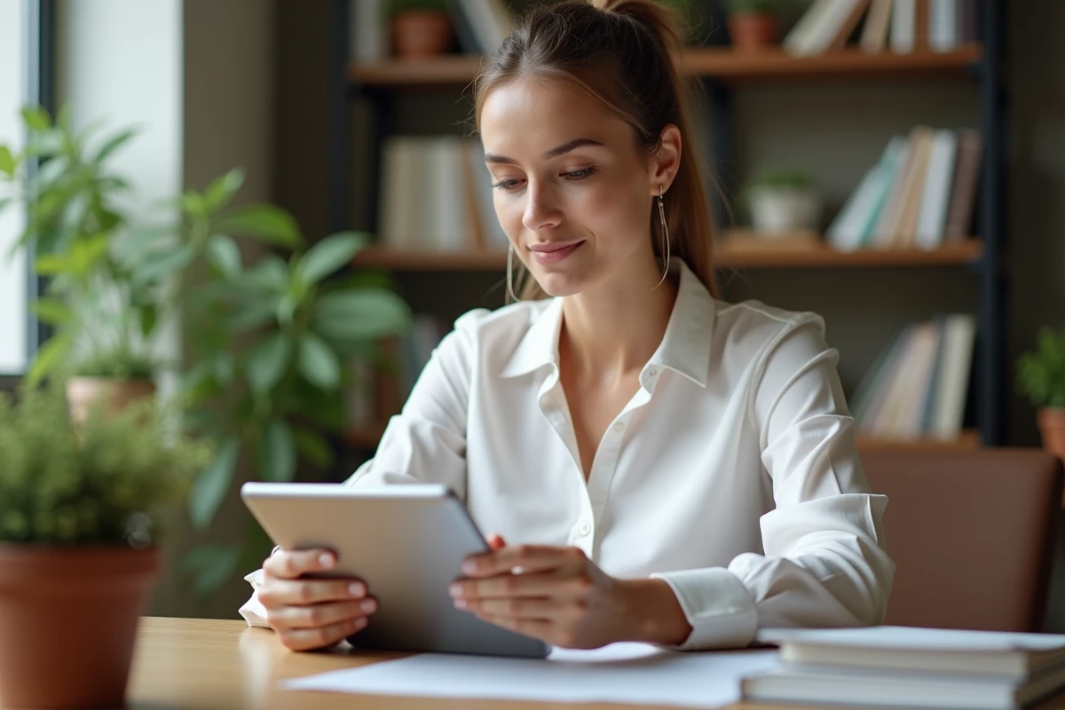 Femme consultant un avis de prestation sur tablette pour garantir la sécurité d'un service