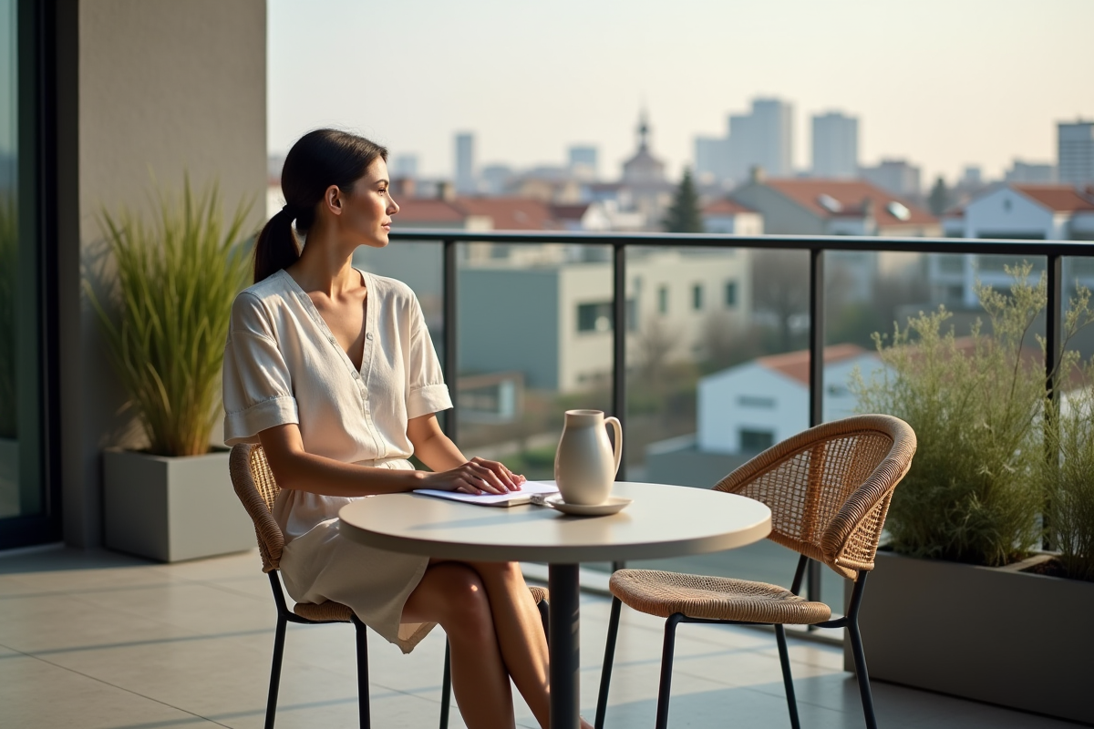 Jeune femme assise sur son balcon en ville