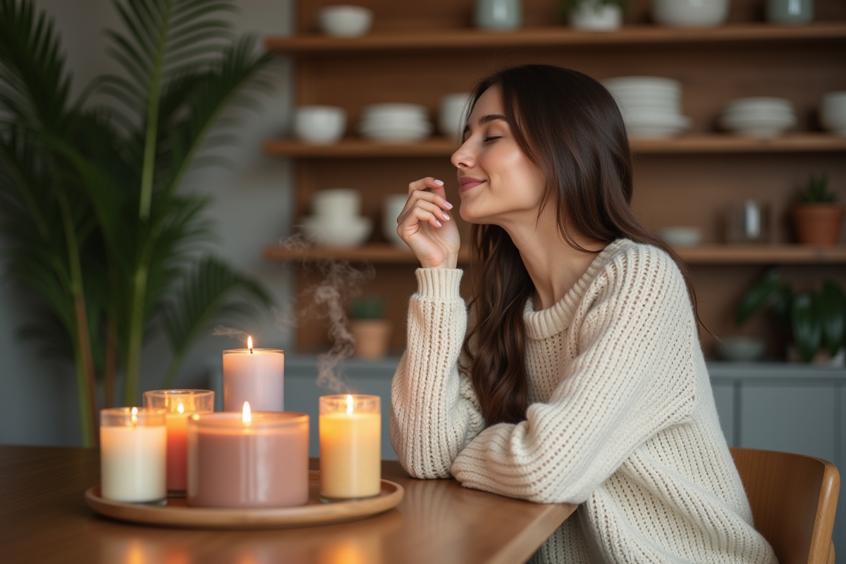 Femme respire doucement près de bougies parfumées dans un intérieur chaleureux