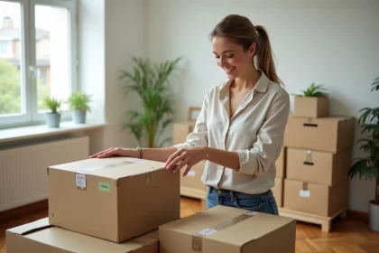 Femme organisant des cartons de déménagement récupérés et réutilisés dans un appartement lumineux, déménagement écologique