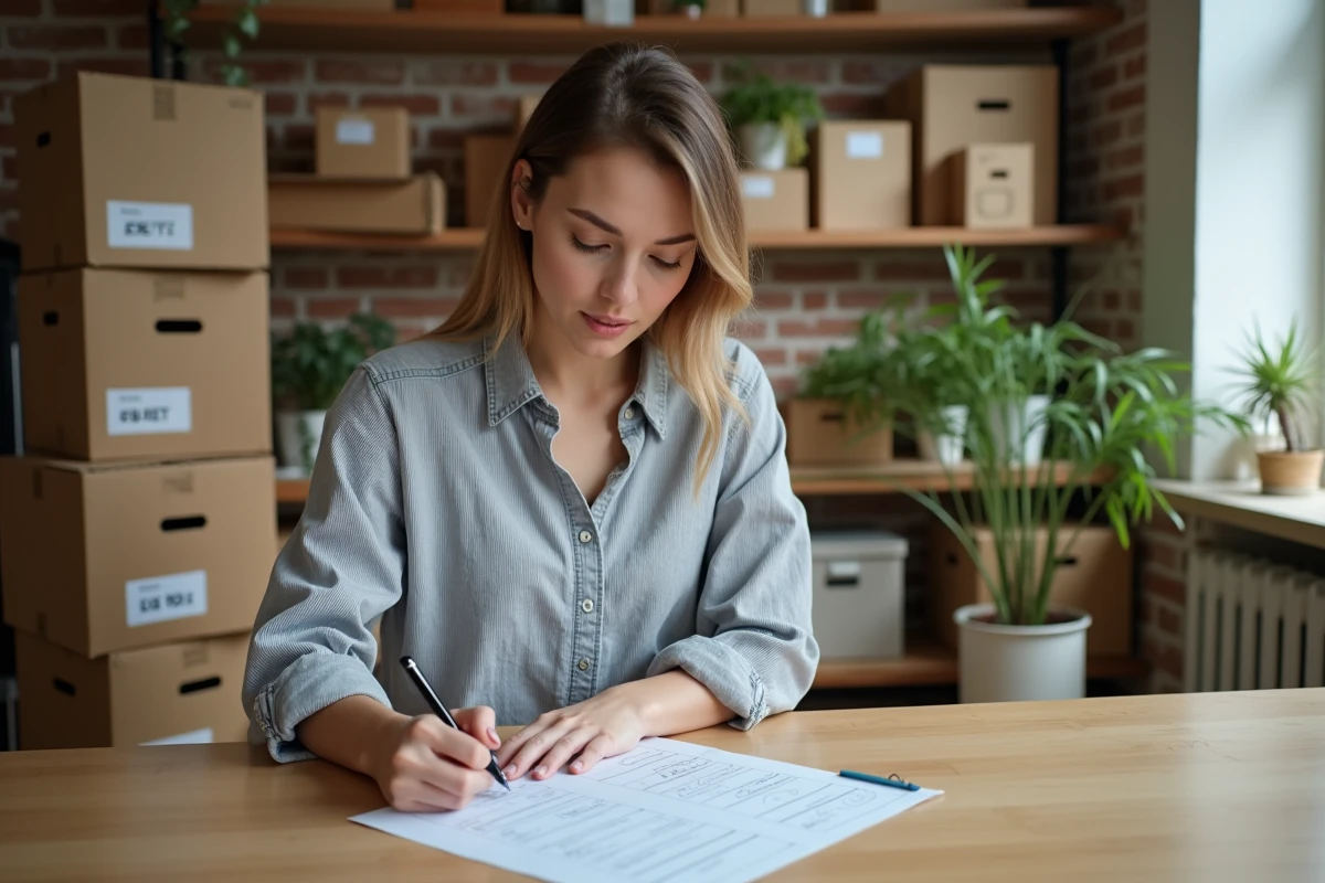 Femme consultant une checklist de déménagement sur papier dans un appartement en cours d'emballage avec des cartons étiquetés