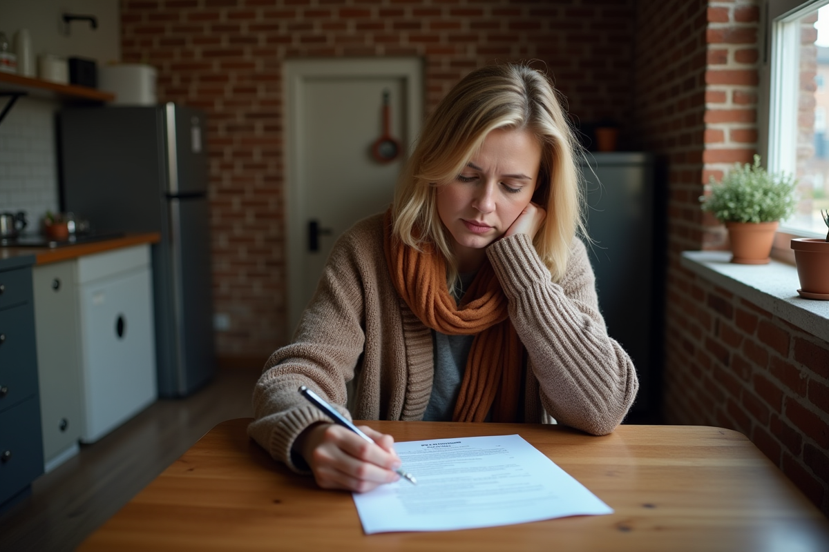 Femme d'âge moyen examinant un contrat de location dans un appartement en sous-sol