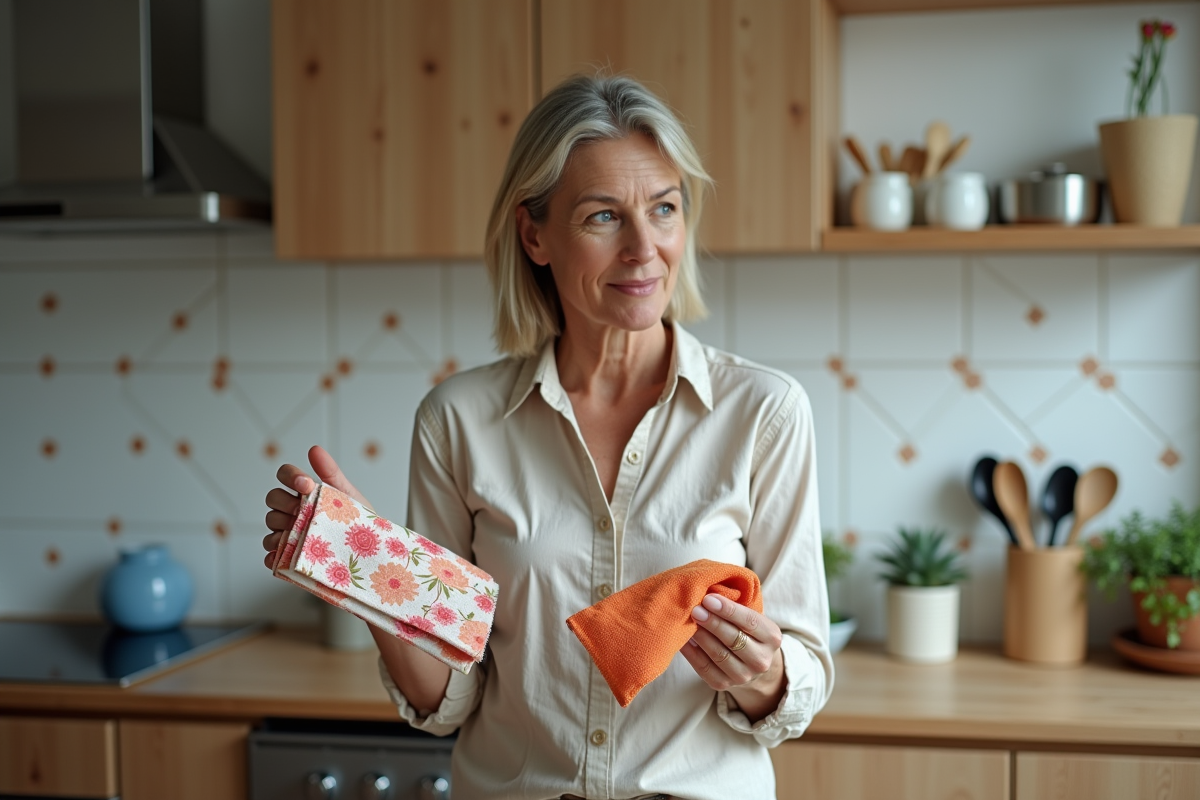 Femme dans la cuisine tenant un napkin floral