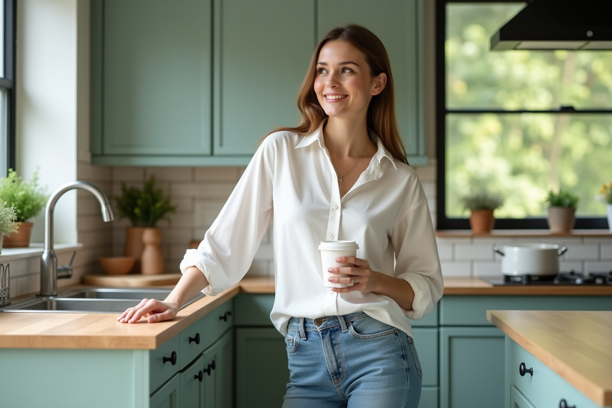 Femme souriante dans une cuisine moderne et lumineuse