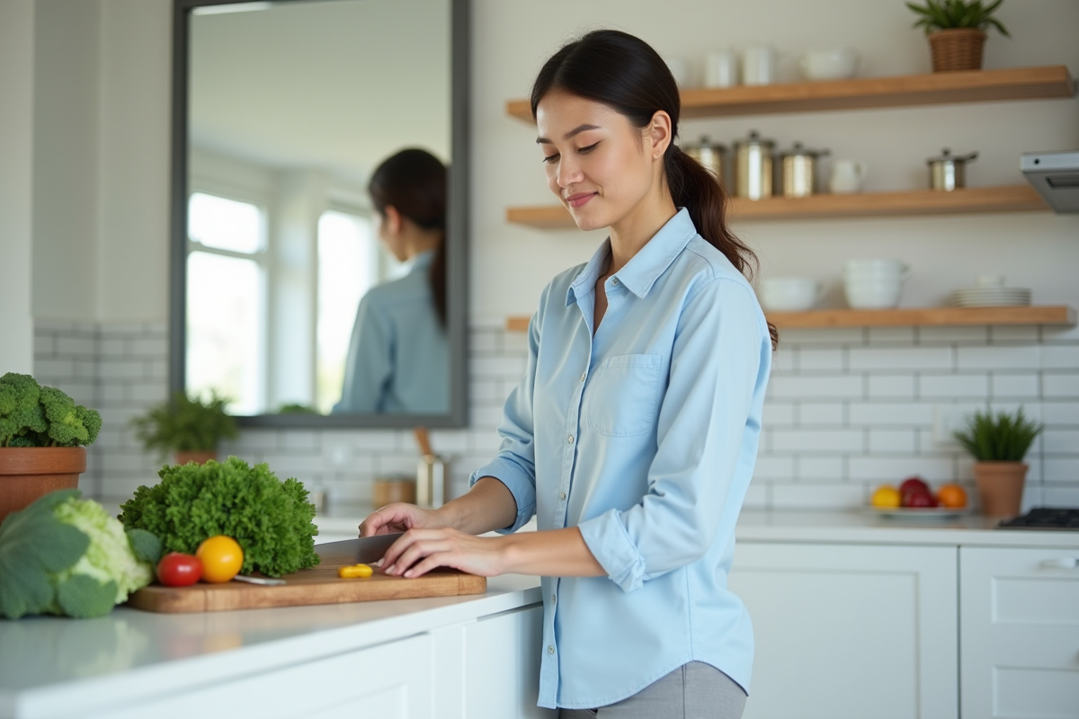 Femme en cuisine coupant des légumes frais dans une cuisine moderne