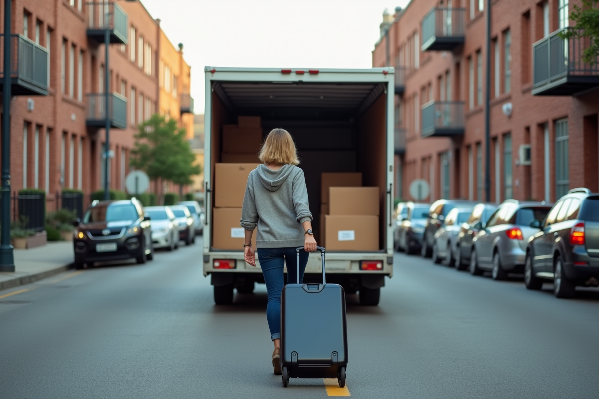 Femme avec valise et cartons dans un camion de déménagement urbain