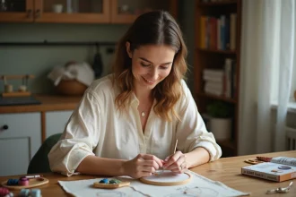 Femme débutante utilisant un kit de broderie avec cerceau et fils colorés sur une table en bois