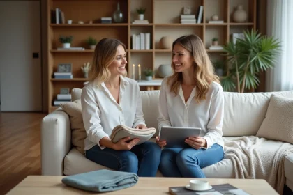 Femme en conseil décoration dans un salon lumineux