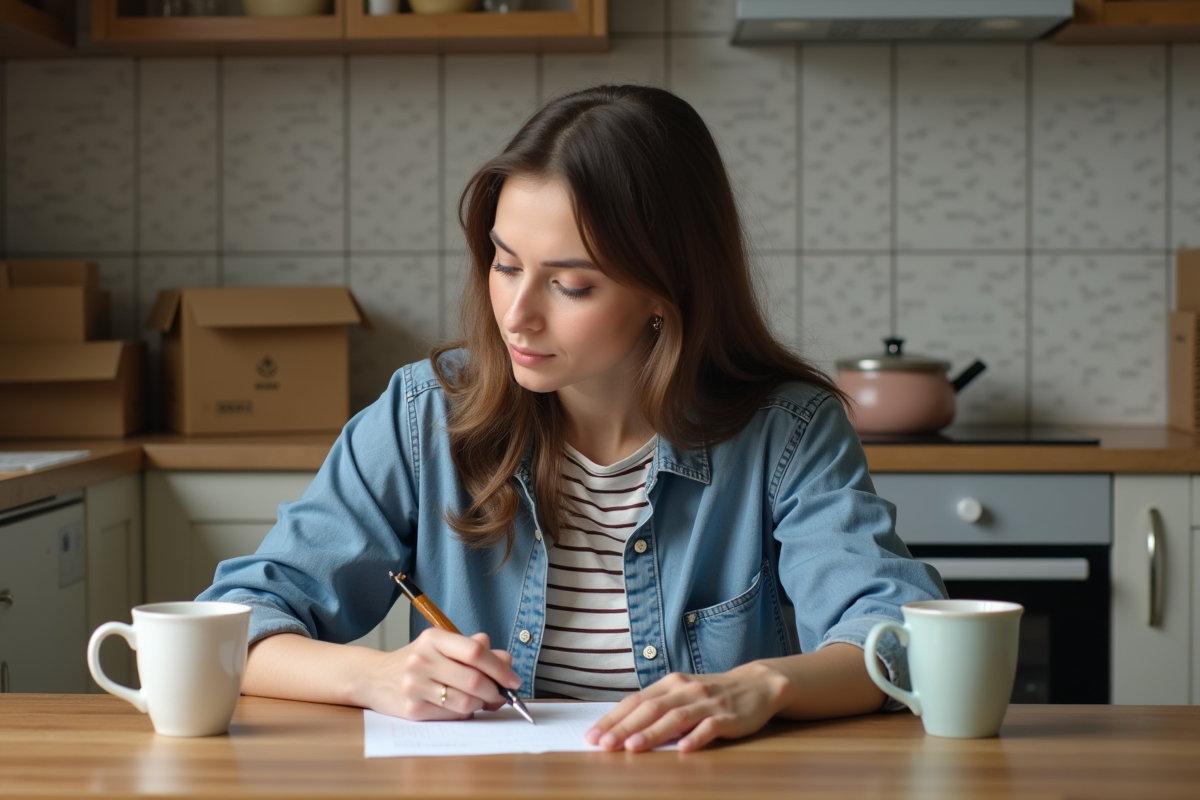 Jeune femme écrivant une lettre dans une cuisine chaleureuse