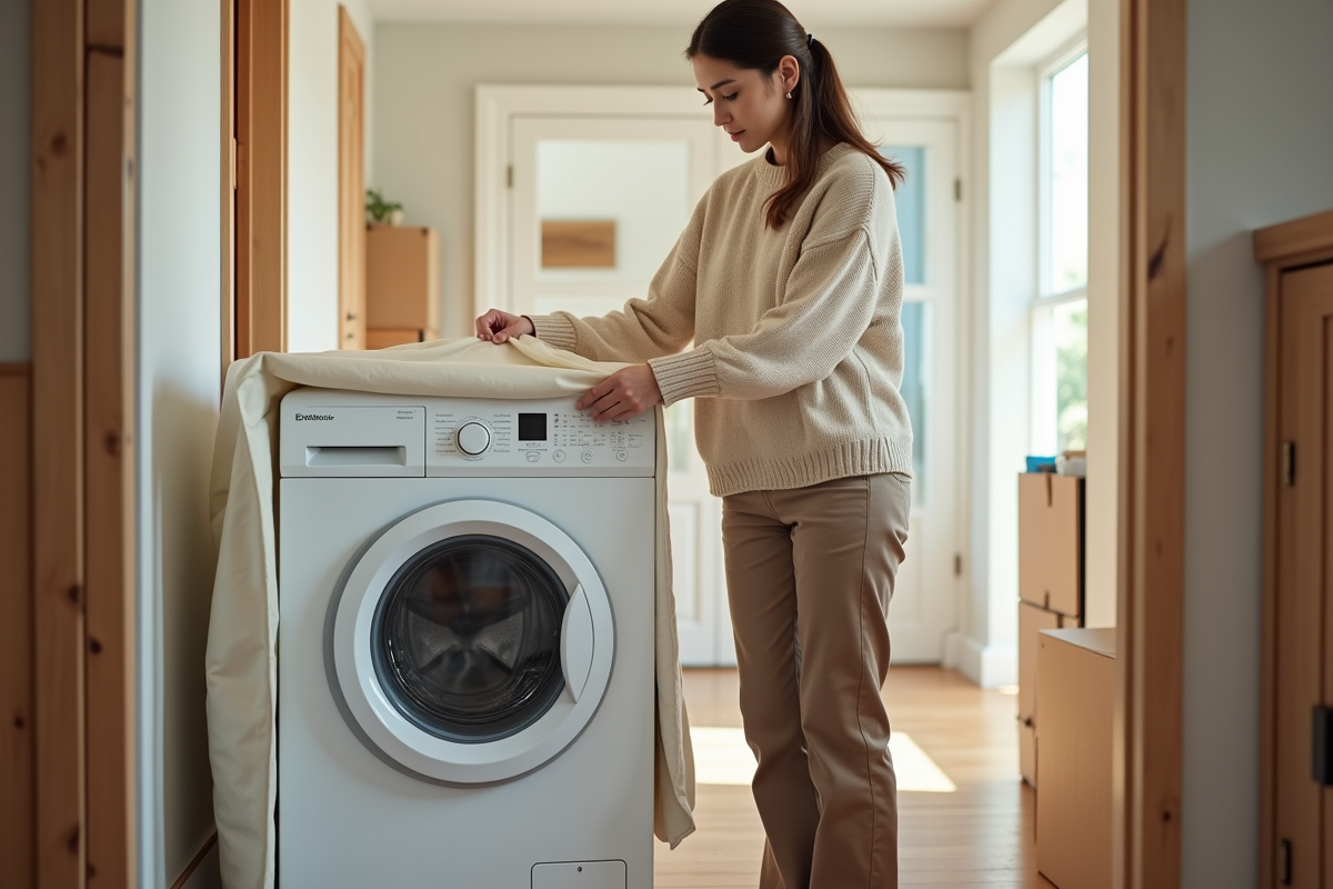 Jeune femme emballant la machine à laver dans un couloir lumineux